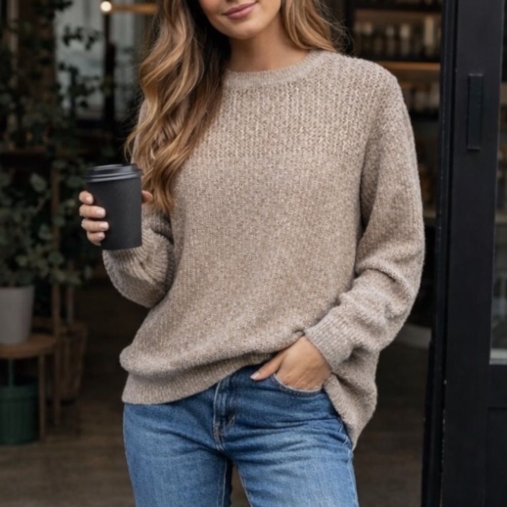 Vintage 90s Neutral Cotton Knit Sweater | Coastal Minimalist | Size L